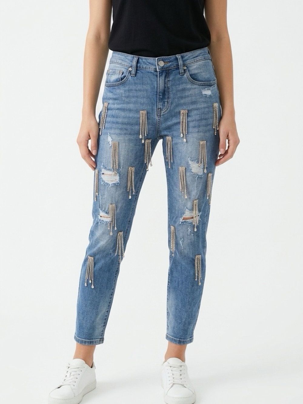 Eunina Denim Blue Distressed Ankle Jeans with Crystal Fringe